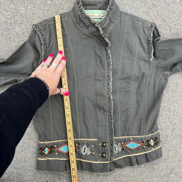 Miss Me Aztec Southwestern Stud Olive Canvas Military Jacket Ruffles LARGE - Picture 12 of 12